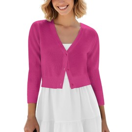 Urban CoCo Women's Cropped Cardigan V-Neck Button Down Knitted Sweater 3/4 Sleeve (Rose, m)