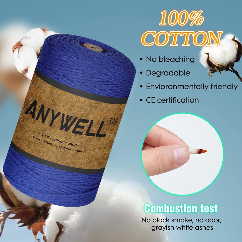 ANYWELL Sapphire Blue Macrame Yarn 3 mm x 218 yards,