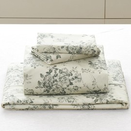 DAUAOTO 100% Cotton Bedding Printed Sheets Set for Full Size Bed Up to 14" Deep Mattress, Toile Rose Floral Pattern Bedlinen Sets, Gray