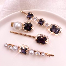 4PCS Royal Purple Crystal Pearl Gold Bobby Pins Decorative Hair Slides Clips Accessories Women