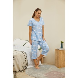 PNAEONG Women Pajama Set Sleepwear Tops with Capri Pants Casual and Fun Prints Pajama Sets Cloud Moon XL