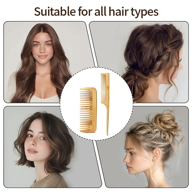 2pcs Bamboo Hair Comb Set, Natural Bamboo Wood Tail Combs