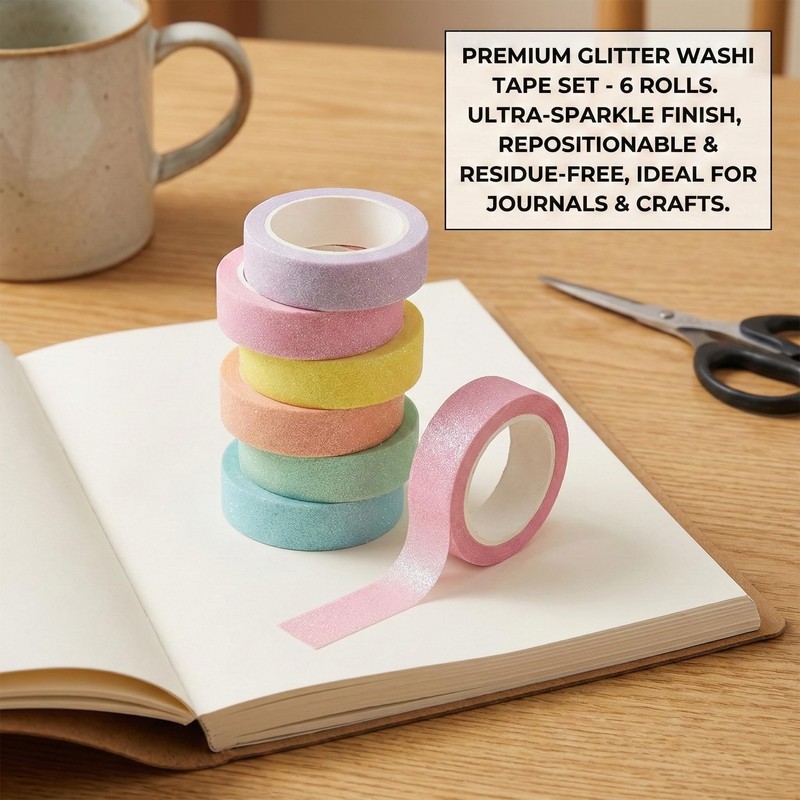 6 Rolls Glitter Washi Tape Set - Colourful Glitter Masking