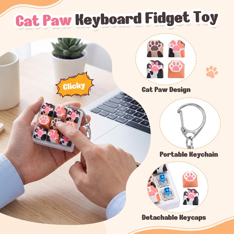 Dalycro Cat Paw Keyboard Fidget, 9-in-1 Clicker Keychain with Clicky