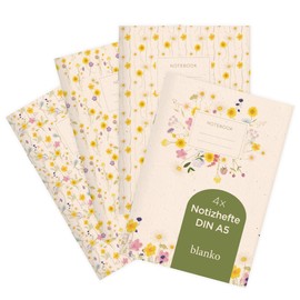 etmamu 1072 Set of 4 Notebooks A5 | Meadow Flowers Pattern Watercolour | for Notes, Sketches, Bullet Journal & Planning | Blank