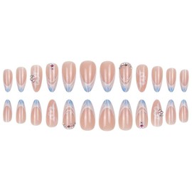 Foccna French Press on Nails Blue Medium, Flower Fake Nails Almond Acrylic False Nails White,Artificial Nails for Women and Girls 24pcs