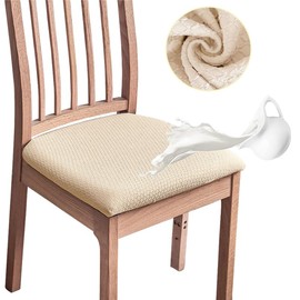 MOLVCE Jacquard Esszimmerstuhl Sitzbezüge 6er Set, Stretch Sitzkissenbezug Abnehmbare und Waschbare, TPU Laminiert Wasserdicht Stuhlhussen, Stuhlbezug für Küchen, Bankette, Hotel, Beige