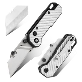 White Carbon fiber Folding Utility Knives, Button Lock, EDC Knife,Quick Change Blade with Extra 10pc SK2 Blades, Box Cutter, Mail Opner (Silver-White)