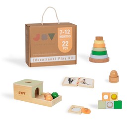 Montessori Learning Toy Set for 7-12 Months, 6-in-1 Wooden Toys with Box, Puzzle, Egg Cup, Stacking Tower, Book & Blocks