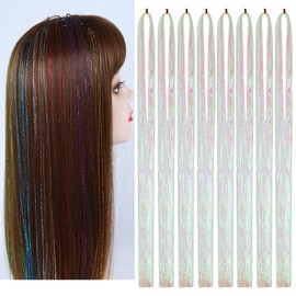 Hair Tinsel Extensions White 44 Inch Glitter Tinsel Hair Kit Sparkling Fairy Hair Accessories for Women Kids Girls 8 Pcs 200 Strands/Pcs