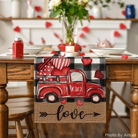 Artoid Mode Watercolor Buffalo Plaid Hearts Truck Love Valentine's Day Table Runner, Anniversary Wedding Kitchen Dining Table Decoration for Home Party Decor 13x60 Inch