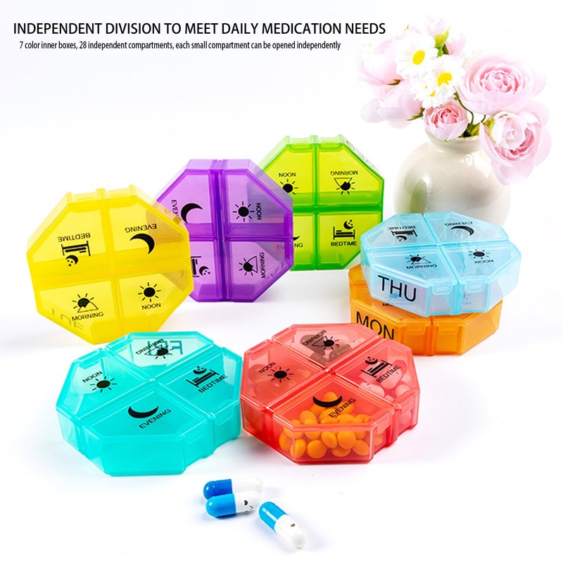 Weekly Pill Organizer 4 Time a Day，Pill Dispensers， Pill Box