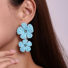 RUOFFETA Raffia Flower Earrings, Raffia Straw Wrapped Flower Drop Dangle Earrings Summer Tropical Beach Jewelry(Sky Blue)