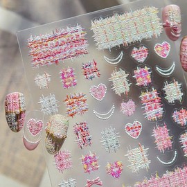 Nail Store Heart Check Tweed Nail Sticker-665, 1 pc, Pink / 네일스토어 하트 체크 트위드 네일스티커-665, 1개, 핑크