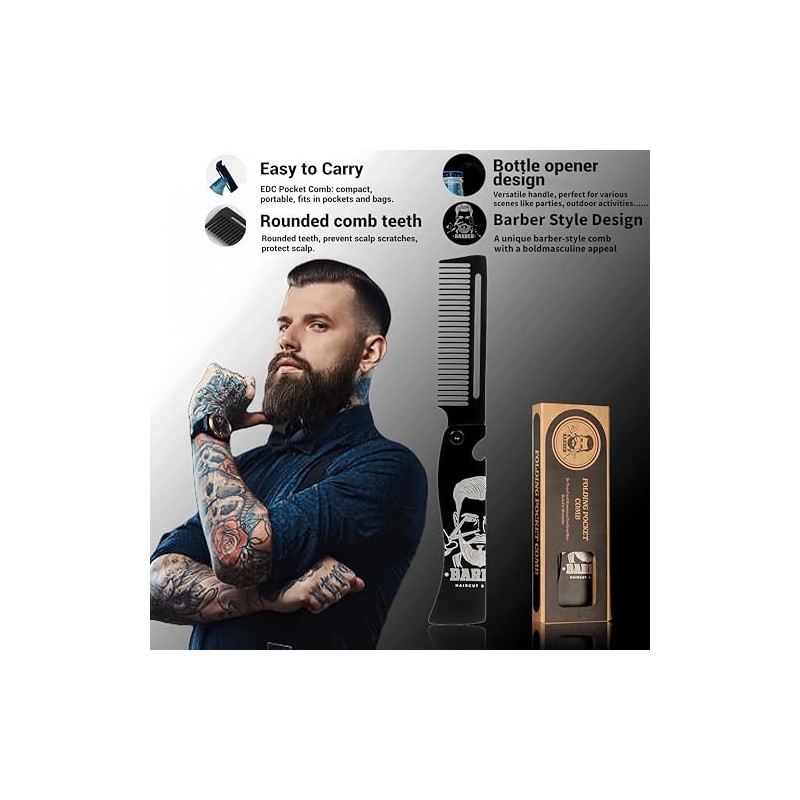 Metal Hair & Beard & Mustache Comb, Multifunctional Folding EDC