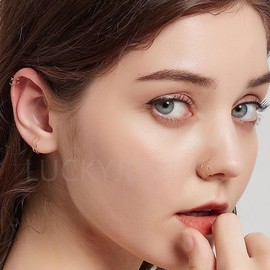 LUCKYJEWUS Double Nose Ring Hoop for Single Piercing, 14k Gold Filled or Sterling Silver Spiral Twist Nose Hoop for Women Men (Yellow Gold Filled -22g, Left Side-7mm)