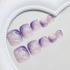 MISUD Press on Toenails - Fake Toe Nails with Purple French Tip, Acrylic Toenail Flower Design 24 pcs