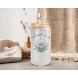 Mugzan Create Your Own Calm Frosted Glass Can W/ Bamboo Lid 16 Oz Glass Cup by Mugzan