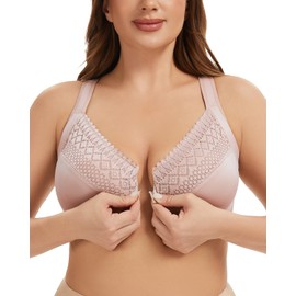Cortelay Women's Front Closure Racerback Bra Underwire Full Coverage Unpadded Lace Everyday Bra Plus Size for Large Bust Mauve 44D