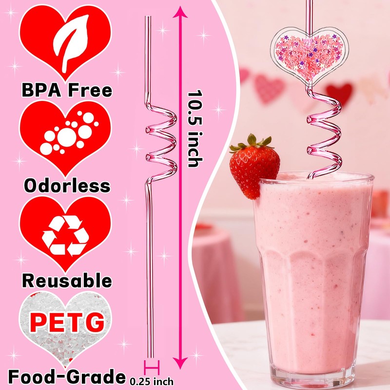24 Reusable Glitter Heart Drinking Straws,Bachelorette Children's Day Decor