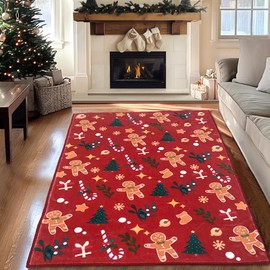 Christmas Gingerbread Area Rugs 4x6 Machine Washable High Traffic Xmas Door Mat Non-Slip Floor Carpet for Living Room Dining Room Bedroom Entryway & Hallway, Red Gingerbread