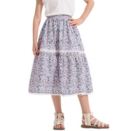Rolanko Long Floral Skirt for Girls, Elastic High Waist Ruffle Hem, Flowing A-Line Boho Maxi Dress, Purple Floral