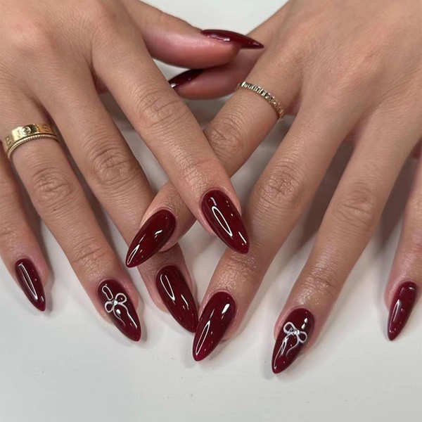 24Pcs Cherry Red False Nails - Almond Press on Nails