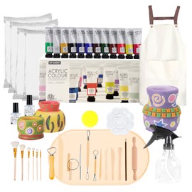 Air Dry Clay Pottery Kit for Adults Beginner at Home,Pottery Clay Sculpting Tools 40 Pcs,Double Sided Ceramic Clay Carving Tool Set,Clay Starter Kit，with Apron, Brush, Paint and Spray Bottle, Molding