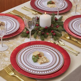 Silver Spoons DISPOSABLE DINNERWARE SET | Heavy Duty Plastic Dishes for Holiday | Includes: 40 Dinner Plates, 40 Salad Plates and 40 Dessert Plates | Renaissance Collection – Red