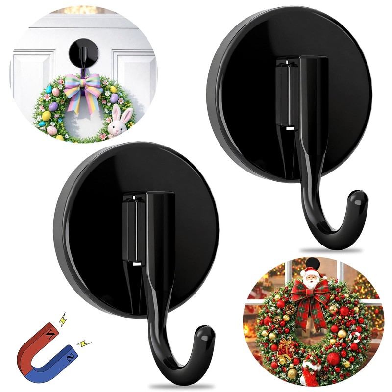 Wreath Hangers for Front Door Magnetic Hooks, Reusable Holder, Black