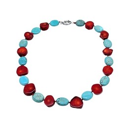 Treasure Bay Unique Handmade Natural Turquoise and Red Coral Necklace for Women