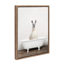 Kate and Laurel Sylvie Alpaca in the Tub Color Framed Canvas Wall Art by Amy Peterson Art Studio, 18x24 Natural, Modern Fun Decorative Bathtub Wall Art for Home Décor