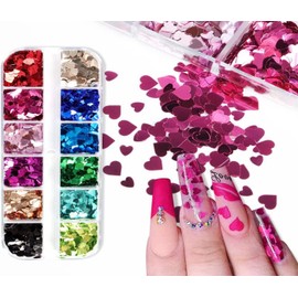Holographic Heart Nail Art Sequins - Valentine’s Day Nail Art Glitters Heart Nail Glitter Sequins 3D Holographic Nail Art Supplies Accessories Sparkle Color Heart Love Design Nail Flakes Confetti