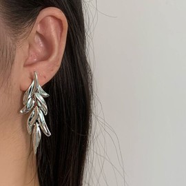 YienDoo Statement Leaf Dangle Drop Earrings Vintage Silver Leaf Cluster Drop Earrings Punk Large Leaf Dangle Earrings Bridal Earring Wedding Prom Earring Jewelry for Women and Girls