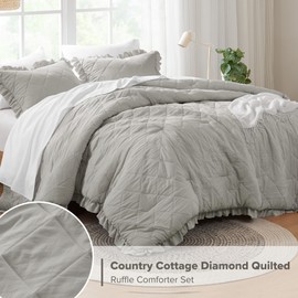 Comfort Spaces Twin Comforter Set - Ruffle Shabby Chic Comforter, Prewashed Microfiber, Fluffy All Season Twin Bedding, Sham, Country Cottage Decor, Grey 2 Piece
