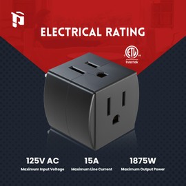 PLUGTUL 3 Outlet Wall Adapter, 90 Degree 3 Way Plug Adapter Cube Tap, 3 Prong Multi Plug Outlet, Outlet Extender for Home Office School Dorm, ETL Listed, Black