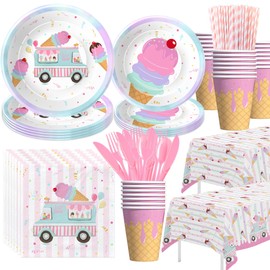 Suhelkit Ice Cream Party Decorations Tableware Girl, Ice Cream Truck Shop Birthday Party Supplies, Plate, Napkin, Cup, Tablecloth, Cutlery, Here's The Scoop Summer Sweet Birthday Decorations, Serve 24