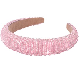 Wecoe Pink Headband Fashion Rhinestone Headband Women Padded Headband Fancy Bling Diamond Sparkle Crystal Beaded Headband Cute Hair Band Holiday Hair Accessories For Women Girls Day Sweetest Day Gifts
