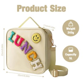 HIULLEN Insulated Kids Lunch Bags, Boys Girls Lunch Bag, Leakproof Nylon Preppy Lunch Box with Adjustable Shoulder Strap, White Lunch Bag for Women Toddlers School Daycare Picnic Work BBQ