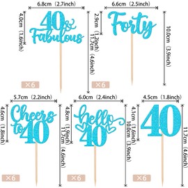 30 piezas de adornos para cupcakes de feliz 40 cumpleaños con purpurina de cuarenta y hola 40 saludos a 40 años, púas para cupcakes de 40 años y fabulosas decoraciones para tartas para suministros de