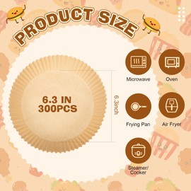 Honeydak 300 Pcs Air Fryer Disposable Paper Liner, Non-stick Air Fryer Liners, Round Parchment Paper for Cooking Baking Oil Proof Microwave Roasting Food Grade Easy Cleanup (6.3 Inch)