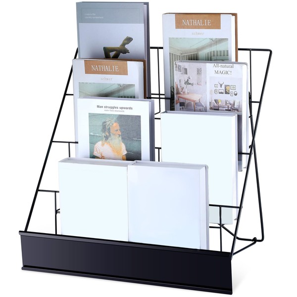 Sintuff 4 Tiered 18 Book Signing Rack Wire Cd Display Open Top Book Rack Tabletop Magazine Display Comic Book Stand for Library Classroom Bathroom Literature Brochure Picture Photo Plate (Black)