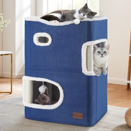 YITAHOME 2-Tier Cat House, Indoor Cat Cave Bed Playhouse, Cat Tunnels with Scratch Pad and Hideaway Cube, Cute Modern Cat Condo Furniture for Multi Small Cats, Classic (Blue)