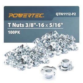 POWERTEC 3/8-16 T Nuts 100 Pcs | 4 Pronged Tee Nuts for Bolts and Stem Caster Wheels, Threaded Inserts for Wood Working, Rock Climbing Hold and Furniture For Use with Hammer | 5/16"length(QTN1112-P2)