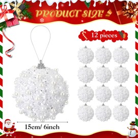 Riceshoot 12 Pcs 6" Glitter Christmas Ball Ornaments 6" Sequin Hanging Balls Foam Pearl Christmas Tree Hanging Ornaments Disco Balls Decoration for Xmas Holiday Wreath Garland Wedding Party (White)