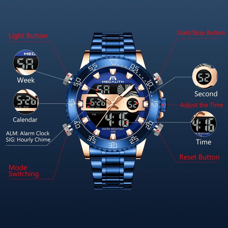 MEGALITH Watches for Men Military Digital: Blue Stainless Steel Waterproof
