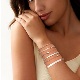 6Pcs Silver Bracelet for Women Ladies, Silver Stacking Bracelets Layered Dainty Link Chain Bracelet Cuban Figaro Bead Chain Bracelets Adjustable CZ Link Silver Bracelet Set for Women Girls