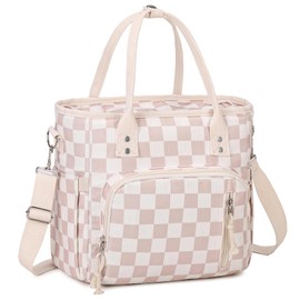 CuriBox Lunch Bag for Women Men Cute Corduroy Lunch Tote Bags Reusable Insulated Lunch Box Large Capacity Reusable Insulated Cooler for Work Picnic or Travel (Beige Chessboard)