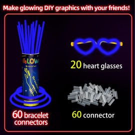 60 Pack 8” Blue Glow Sticks Bulk Bright Glow Sticks with 60 Connectors 20 Heart Glasses Glow In The Dark Party Supplies Neon Party Decorations Glow Bracelet Glasses for Holiday Party Carnival (Blue)