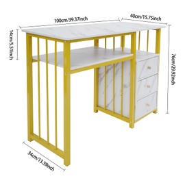 SHOUMANUAL Manicure Table, Nail Desk for Nail Tech, Marbling Texture Table Station with 3 Drawers, Density Board, Steel Frame for Spa Beauty Salon (White)